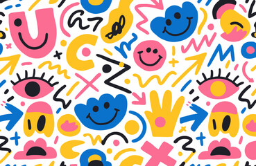 Fototapeta premium Playful Abstract Shapes and Faces Seamless Pattern with Bright Colors in a Fun Doodle Style