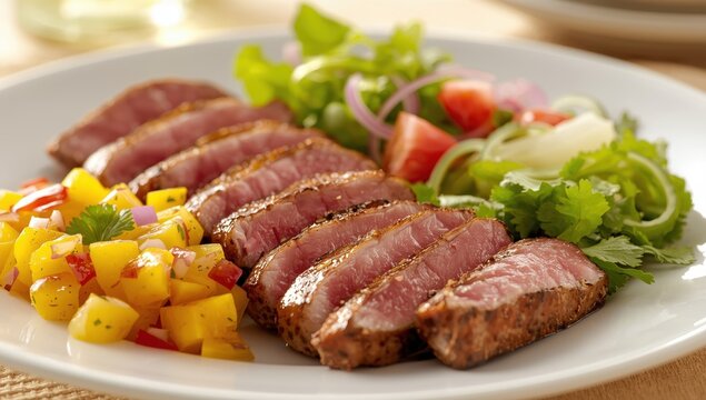 Seared tuna fillet with mango relish and mixed greens.