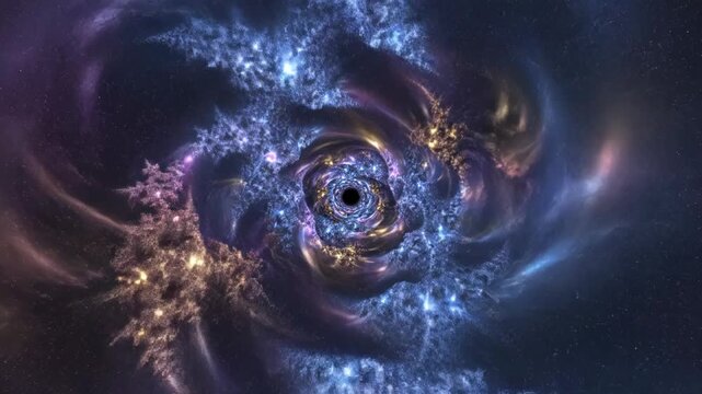 Abstract fractal glowing pattern with cosmic nebula colors of purple, blue, and gold highlights, set against a dark starry space background featuring a central black hole void.