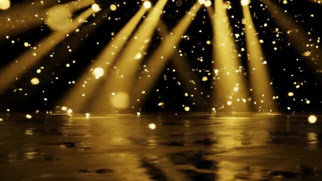 Golden theatrical spotlight sweeps polished black floor, rippling reflections, glittering dust motes like gold rain. Crane video, anamorphic flare, bokeh. Grand, exhilarating, festive atmosphere