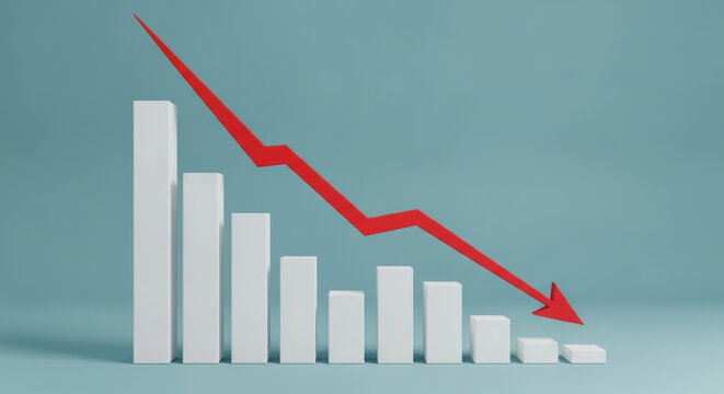 Declining Bar Graph With Red Arrow. Business Economic Downturn Investment Recession Failure and Financial Loss Concept. Minimalist Abstract 3D Render Illustration.