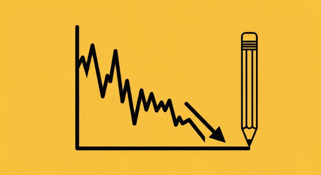 Declining Chart with Arrow Pointing Downward Drawn Next to Pencil Indicating Decrease Decline Loss Negative Trend on Yellow Background