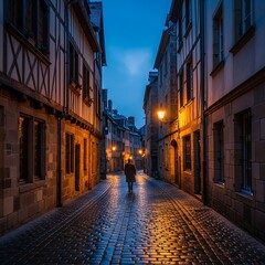 Fototapeta premium Solitary figure walks down cobblestone street at dusk, illuminated by warm, historic building lights