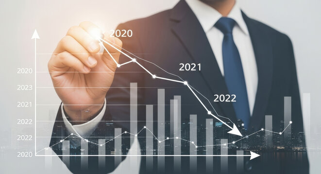 Declining Market Business Man Drawing Decrease Graph Showing Economic Recession Financial Crisis Downturn Loss Investment Risk Bankruptcy Deflation Failure
