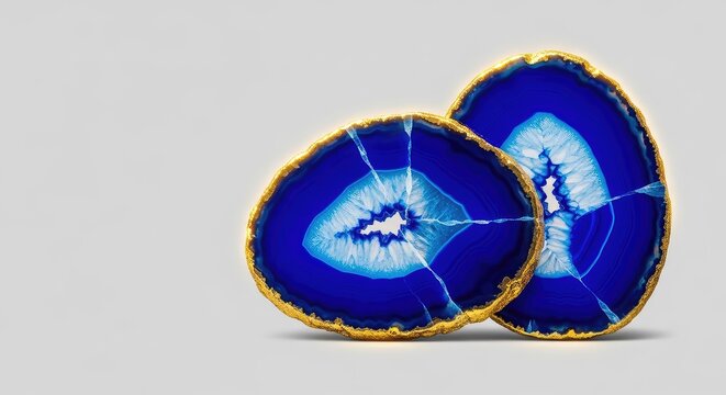 Vibrant cobalt blue agate slices with radiant golden crystalline borders and intricate mineral patterns for premium decorative aesthetics, stone, wallpaper, curve