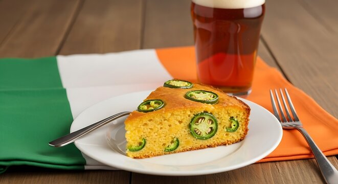 Spicy cornbread slice with jalape?os & beer, Irish flag accent