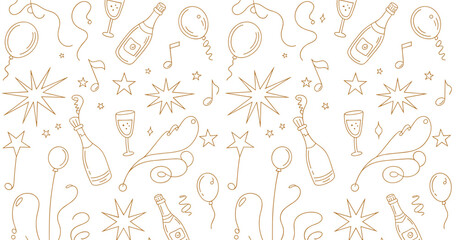 Hand drawn seamless pattern with gold champagne bottles glasses balloons stars musical notes and ribbons on a white background for festive celebration themes and party decorations or wrapping paper © Rajesh