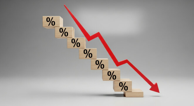 Declining Percentage Wooden Blocks Red Arrow Down Representing Decreasing Rate Reduction Drop Financial Loss Falling Graph Chart Market Crisis Risk