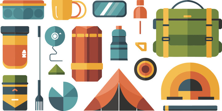 Camping and Outdoor Adventure Gear Icon Set with Tent, Backpack, Sleeping Bag, and Hiking Equipment Vectors for Travel and Tourism Designs
