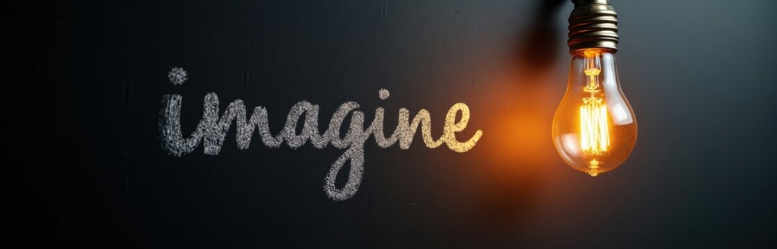 Chalk text imagine on dark board. Glowing Edison light bulb illuminates creative idea concept. Think bright, spark inspiration for business.