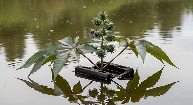 Spiky plant with large leaves floats in reflective water on black base
