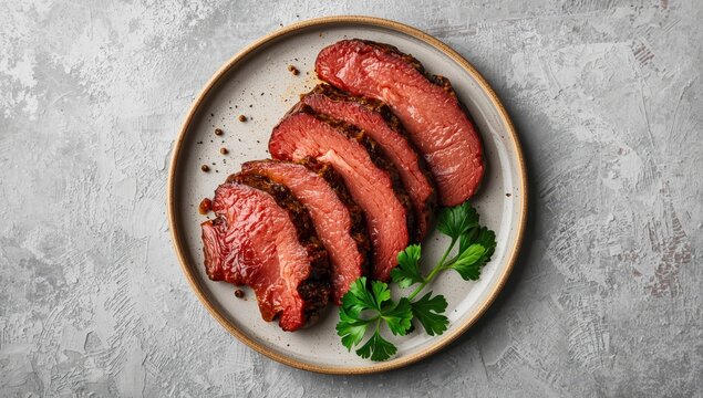 Sliced corned beef on a plate. gray backdrop. overhead view.