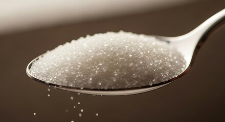 Obraz premium Spoon of granular sugar, sparkling under light, with a few falling crystals