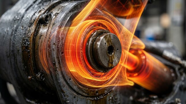 Photorealistic close up of heavy industrial machinery with glowing orange heat representing kinetic energy and manufacturing