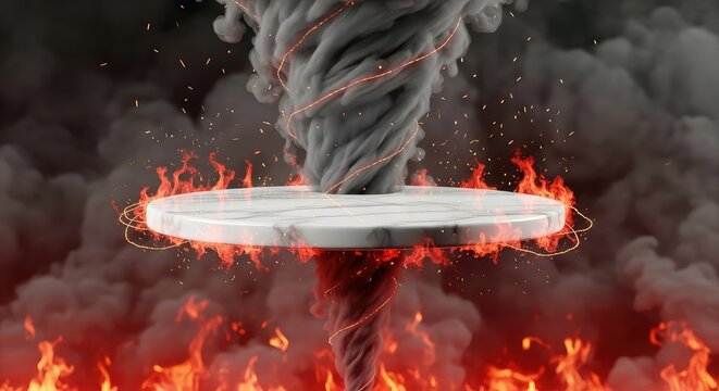 A radiant circular pedestal floats within a vortex of burning embers, thick grey smoke, and scorching red flames in a dark, heated abyss, stone, ignite, abstract