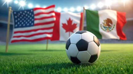 Fototapeta premium Soccer ball on green grass field with flags of the United States, Canada, and Mexico in the background at a sports stadium