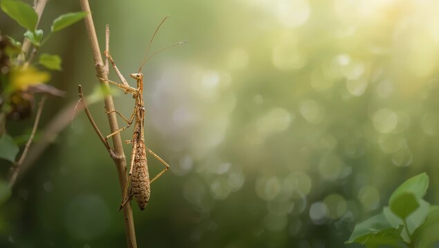 Phasmids, commonly referred to as stick insects or ghost insects, are part of the Phasmatodea order. Blurred background with space for text.