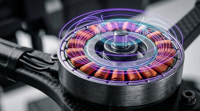 Photorealistic macro close-up of a brushless DC motor with glowing magnetic field lines representing electromagnetism and drone technology