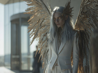 Obraz premium An ethereal winged figure in a tailored white suit stands against a modern building, with golden wings and skin details glowing softly.
