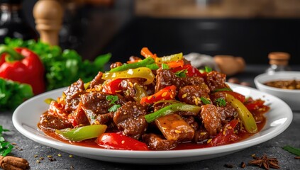 Fototapeta premium Tasty stir-fried beef tripe with bell peppers.