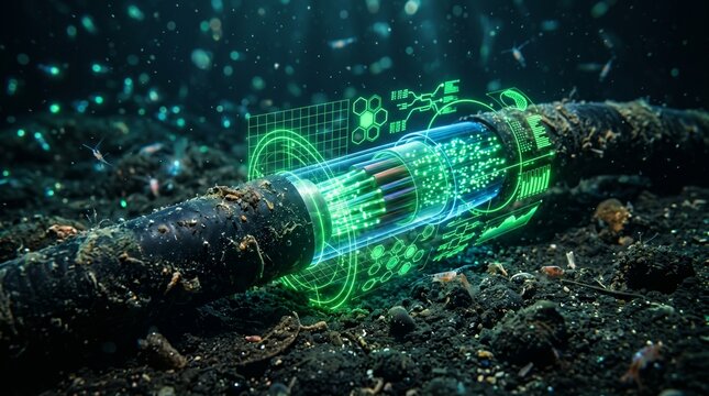 Photorealistic image of a subsea fiber optic cable on the ocean floor with a glowing green holographic data transmission overlay