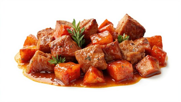 Tender beef chunks on a white background. Savory goulash.