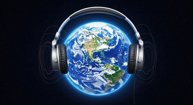 A vibrant planet Earth floating in space wearing professional over-ear headphones, symbolizing global harmony and the power of world music, vibrant, art, equipment