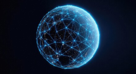 Fototapeta premium A view of the dark planet from deep space featuring vibrant blue glowing network lines and nodes representing global digital connectivity, planet, futuristic, technology