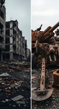 Split diptych destruction of urban buildings juxtaposed with ruined military vehicle