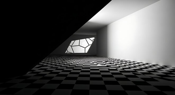 Stark, abstract interior with tessellating floor and geometric window