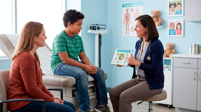 Doctor discusses healthy lifestyle with child and parent on a tablet