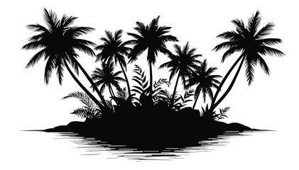 Fototapeta premium Palm trees form a dark tropical island silhouette reflected against a stark white background to create a clean graphic element for vacation travel marketing designs and summer holiday beach themes.