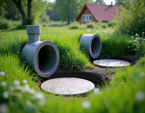 Residential septic tank system installation with concrete pipes and covers. Wastewater management infrastructure in green backyard near rural house. Includes ventilation pipe for efficient operation.