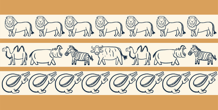 Cute african safari animal border collection with lion, crocodile, zebra and camel, buffalo and hippopotamus in hand-drawn style
