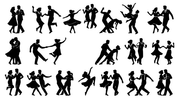 Classic Retro Swing Dance Silhouettes Featuring Elegant Vintage Dancing Couples Collection