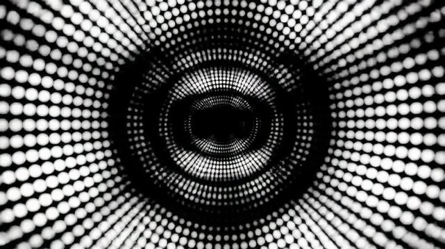 Mesmerizing white halftone dots on a pure black background, symmetrically expanding and contracting in a seamless circular loop video. Futuristic abstract concept