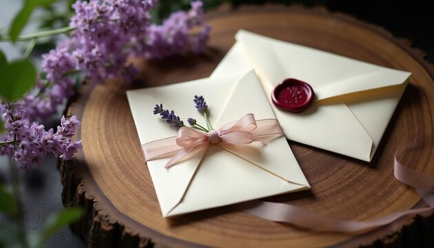 Cream envelopes with ribbon and lavender sprigs sit on wood slice. One envelope has a red wax seal. Wedding invitations are prepared for guests. Formal event communication.