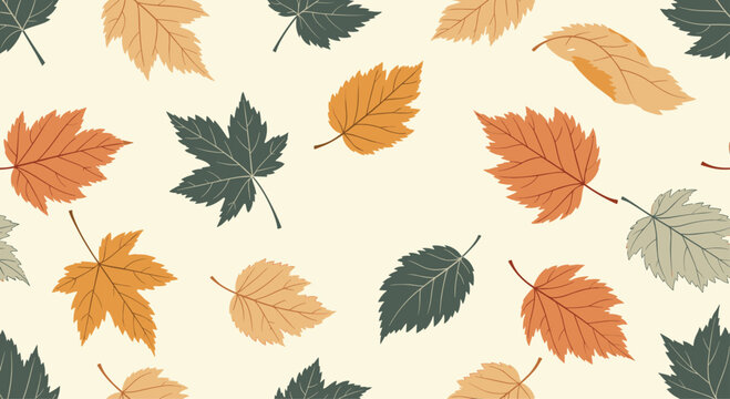 Seamless pattern of colorful autumn maple and birch leaves falling against a warm cream background in the fall.