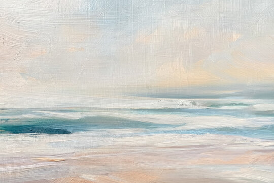 Coastal calm oil painting depicting tranquil pastel ocean waves reaching soft sandy beach under a muted sky horizon line