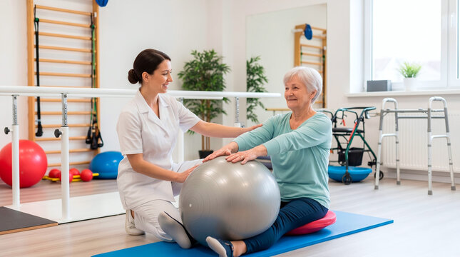 Physical therapist assisting elderly woman with exercise ball in rehabilitation clinic