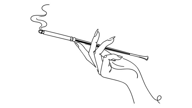 Minimal continuous line drawing of a hand holding a cigarette holder with smoke, ideal for vintage, fashion, and smoking themes.