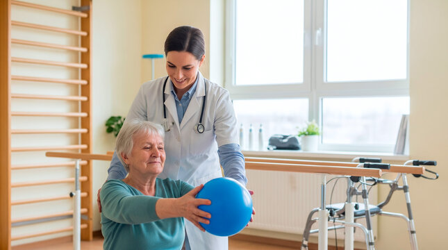 Physical therapist assisting elderly woman with ball exercise in rehabilitation clinic