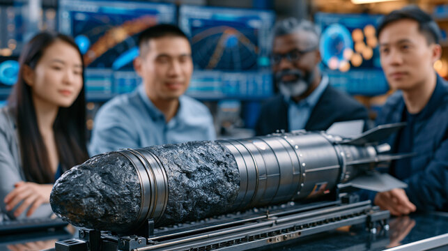Kinetic impactor spacecraft model in an aerospace engineering lab, multicultural team of mission planners gathered around a scale asteroid deflection vehicle mock-up, trajectory planning charts and 
