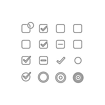 Collection of simple outline icons including checkboxes radio buttons target symbols