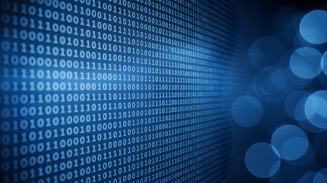 Blue binary code background, digital data stream on computer screen, futuristic cybersecurity and information technology concept with bokeh lights