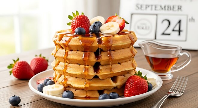 Stacked golden waffles topped with fresh berries, banana slices, and syrup