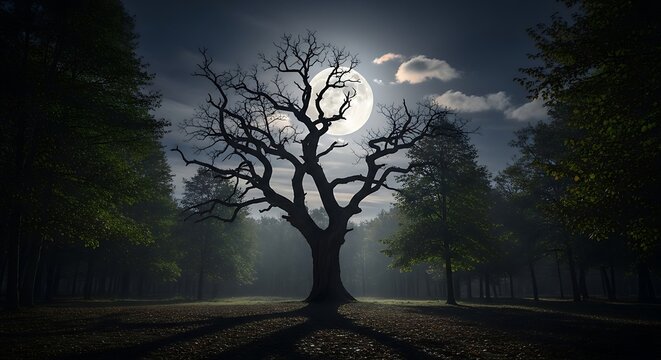Spooky old oak tree silhouette under a full moon with mist in a dark forest