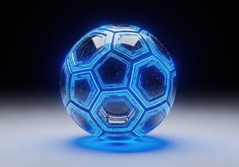 Naklejka premium Glowing blue soccer ball with hexagonal circuit patterns on a dark gradient background
