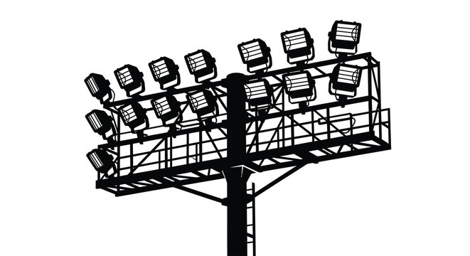 Silhouette of a large stadium lighting tower with multiple spotlights