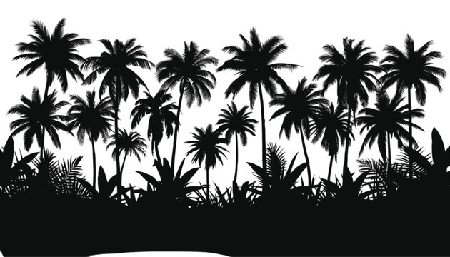 Silhouetted palm trees and lush tropical foliage create a dense jungle border against a stark white background, evoking a sense of exotic vacation destination.